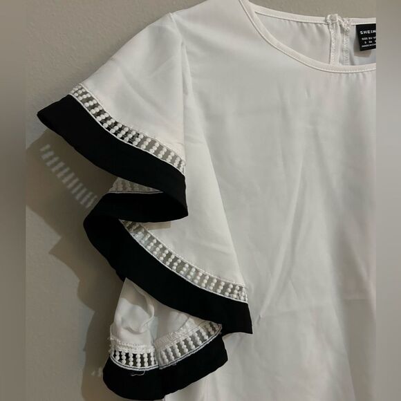 Shein white ruffle sleeve loose blouse with black detailing. - Picture 2 of 7